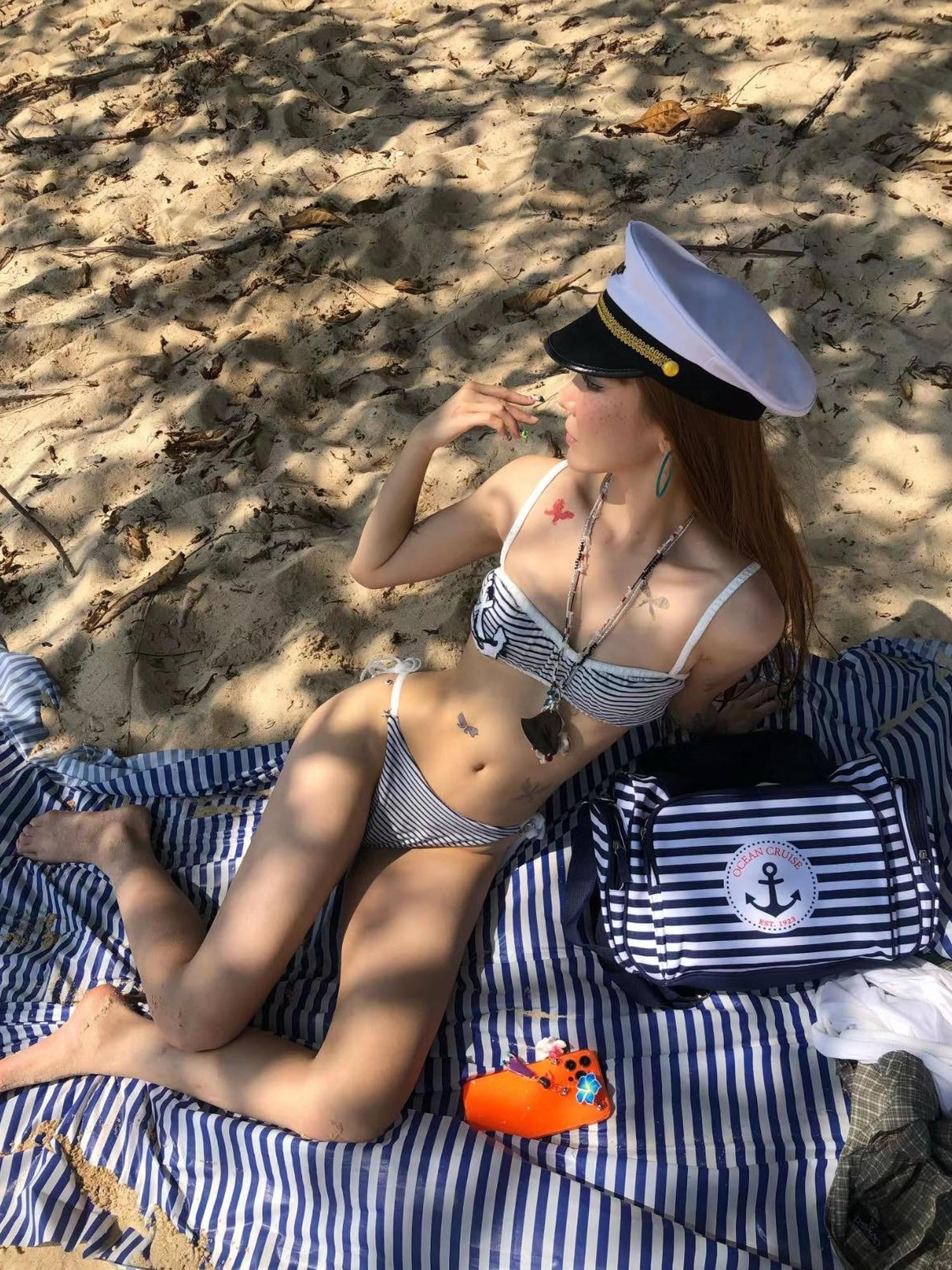 Chipchipshop Blue White Striped Anchor Print Playful French Style Women&