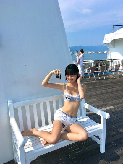 Chipchipshop Blue White Striped Anchor Print Playful French Style Women&