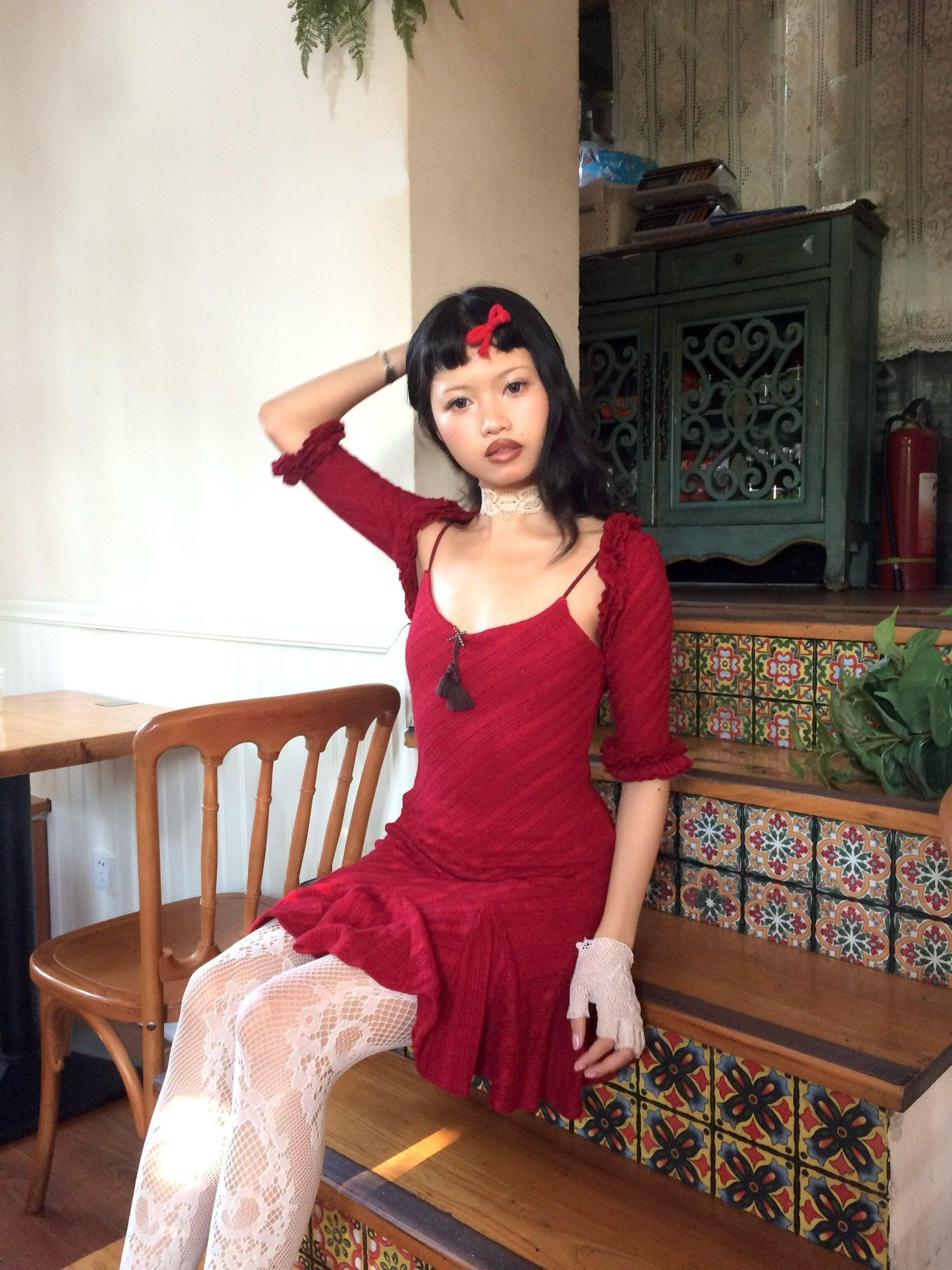 Chipchipshop Burgundy Velvet Tiered A Line Knit Women&