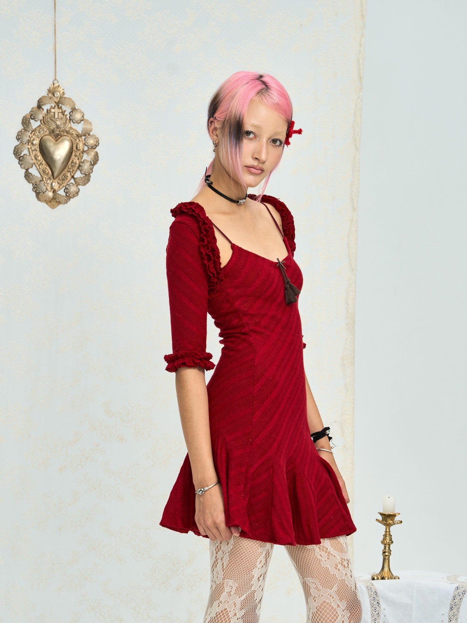 Chipchipshop Burgundy Velvet Tiered A Line Knit Women&