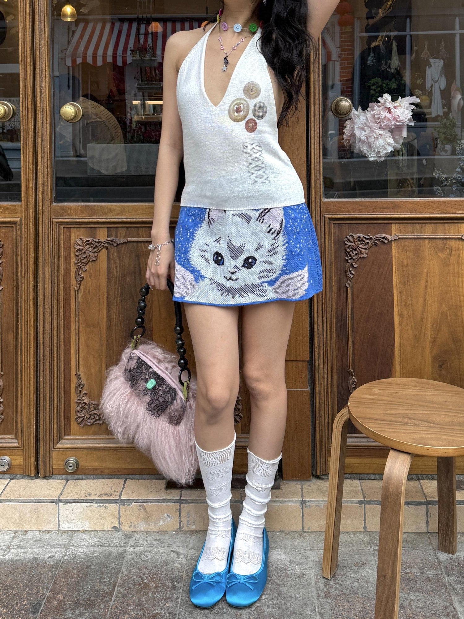 Chipchipshop Cat Jacquard Knitted Button High Waist A Line Women&