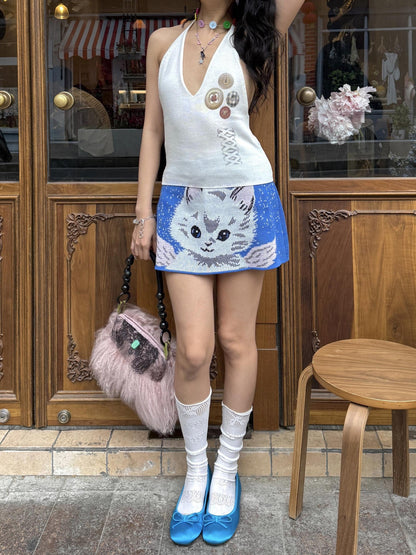 Chipchipshop Cat Jacquard Knitted Button High Waist A Line Women&