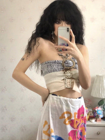 Chipchipshop Colorblock Denim Square Buckle Adjustable Straight Cut Women&