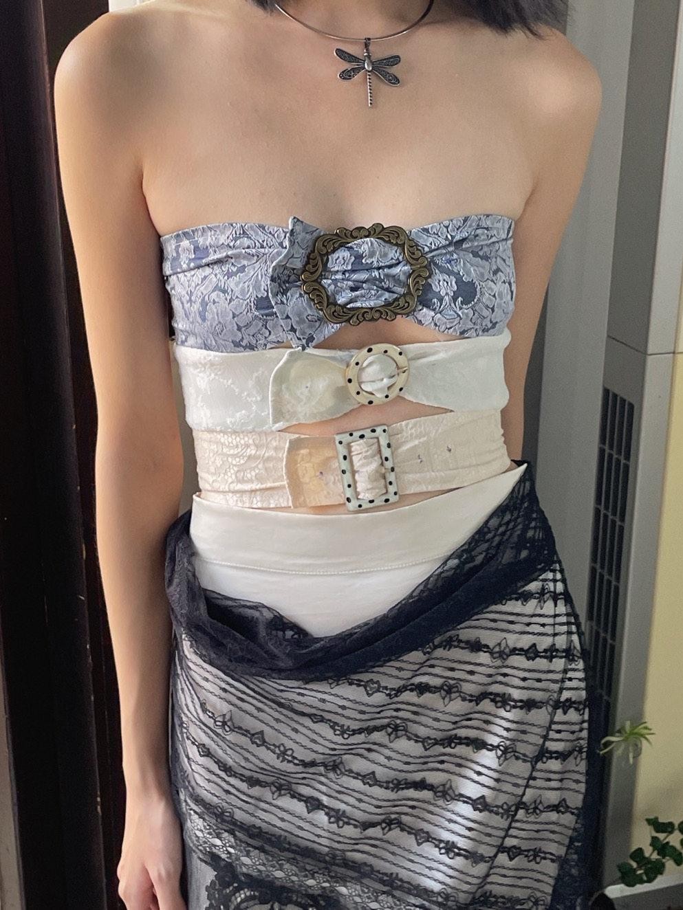 Chipchipshop Colorblock Denim Square Buckle Adjustable Straight Cut Women&
