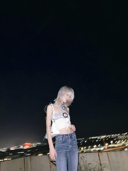 Chipchipshop Colorblock Denim Square Buckle Adjustable Straight Cut Women&