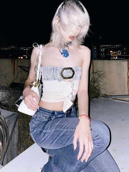 Chipchipshop Colorblock Denim Square Buckle Adjustable Straight Cut Women&