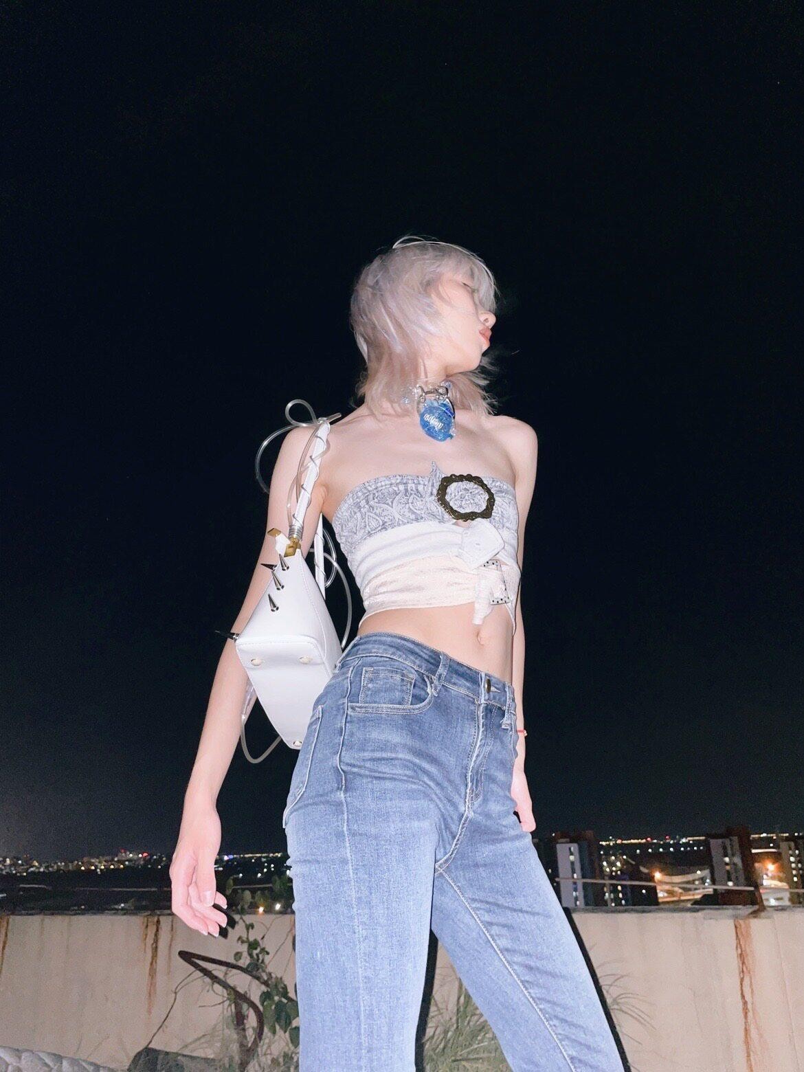 Chipchipshop Colorblock Denim Square Buckle Adjustable Straight Cut Women&
