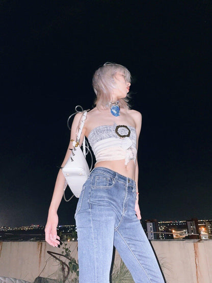 Chipchipshop Colorblock Denim Square Buckle Adjustable Straight Cut Women&
