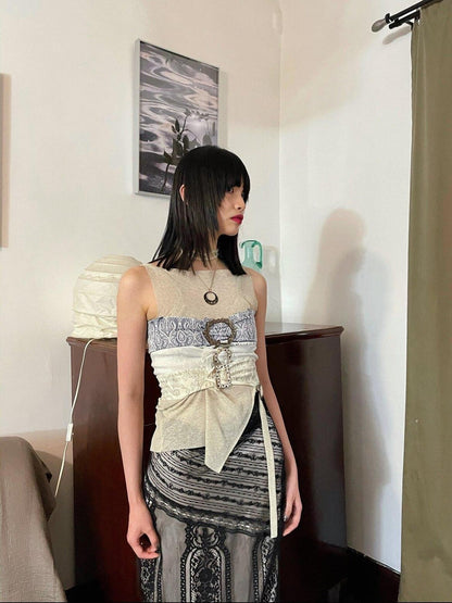 Chipchipshop Colorblock Denim Square Buckle Adjustable Straight Cut Women&