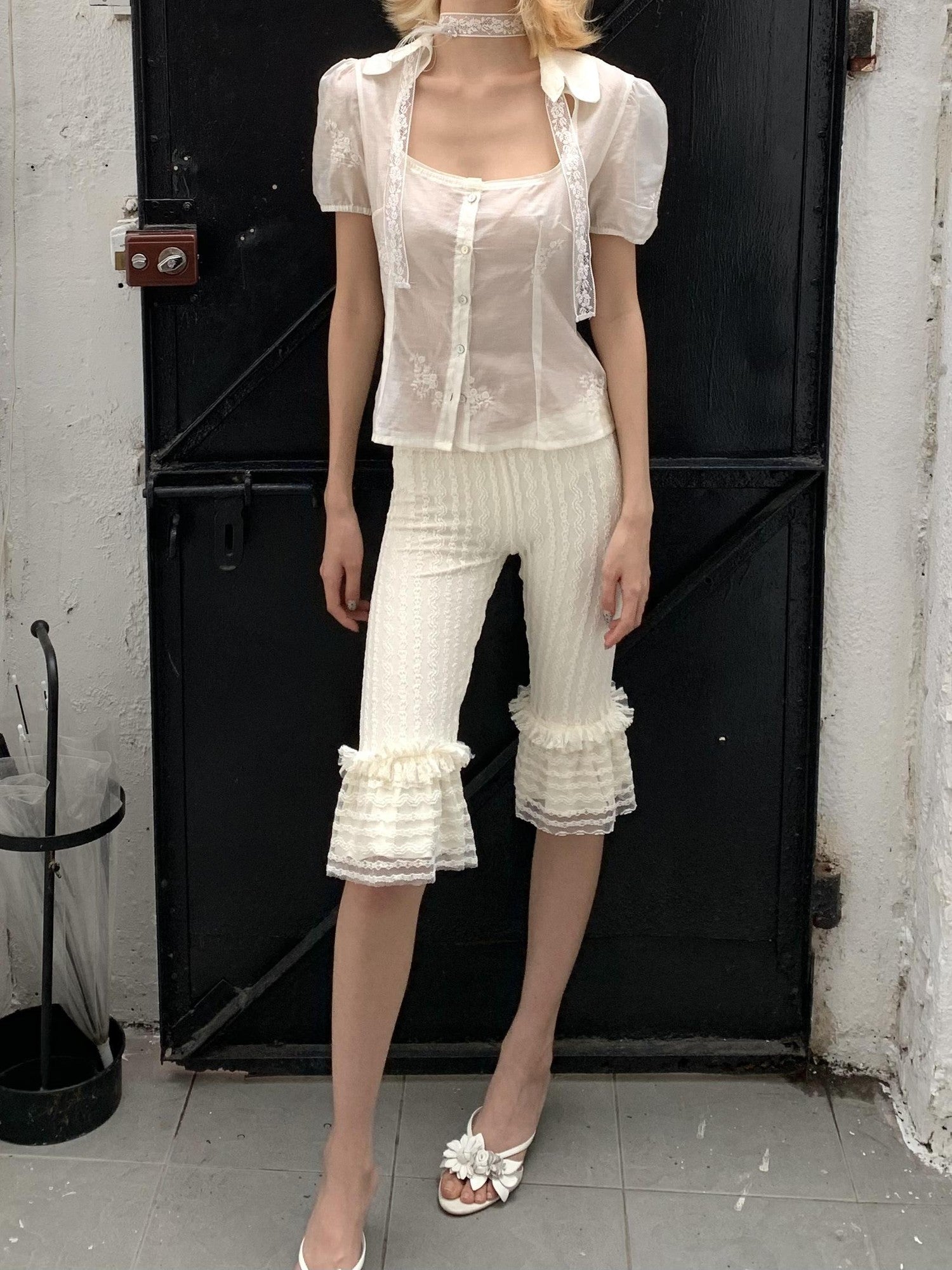 Chipchipshop Cream Lace Vintage Striped Sheer Butt Lifting Women&