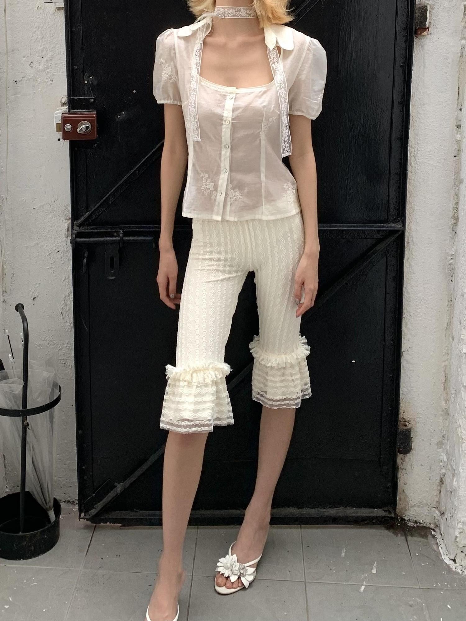 Chipchipshop Cream Lace Vintage Striped Sheer Butt Lifting Women&