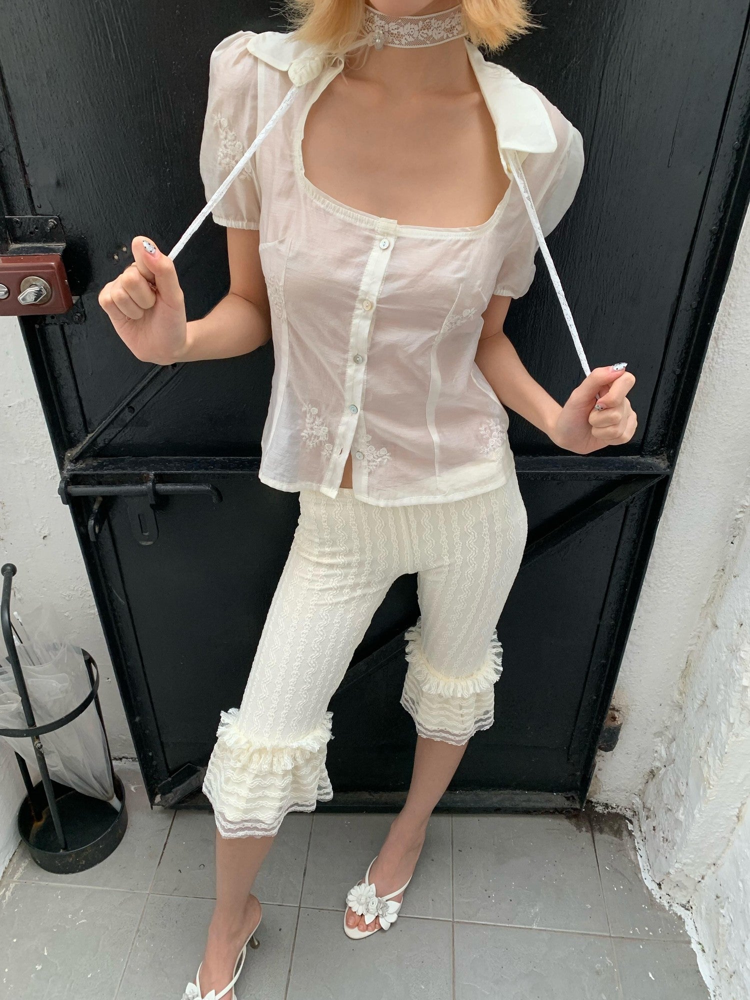 Chipchipshop Cream Lace Vintage Striped Sheer Butt Lifting Women&