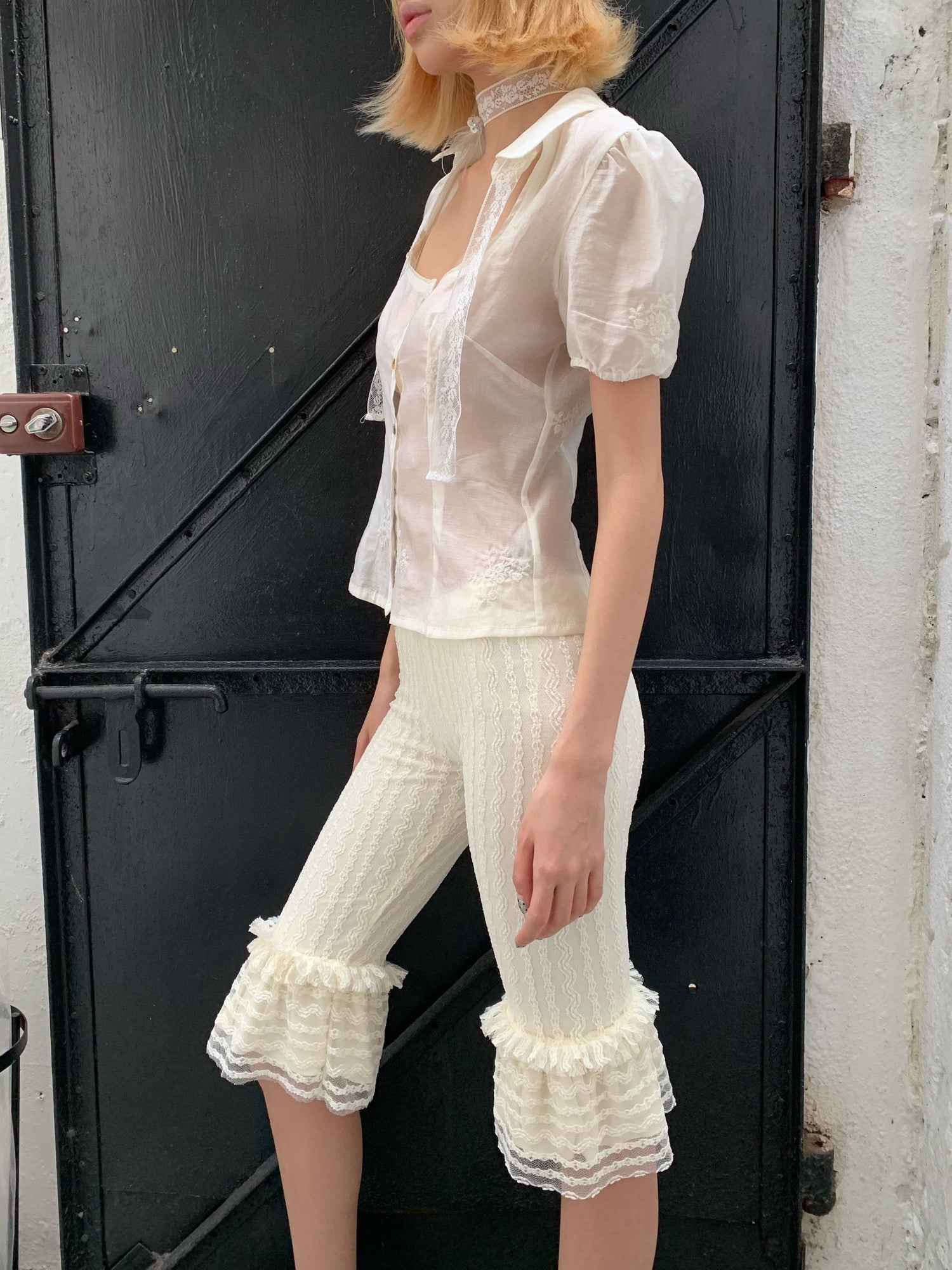 Chipchipshop Cream Lace Vintage Striped Sheer Butt Lifting Women&
