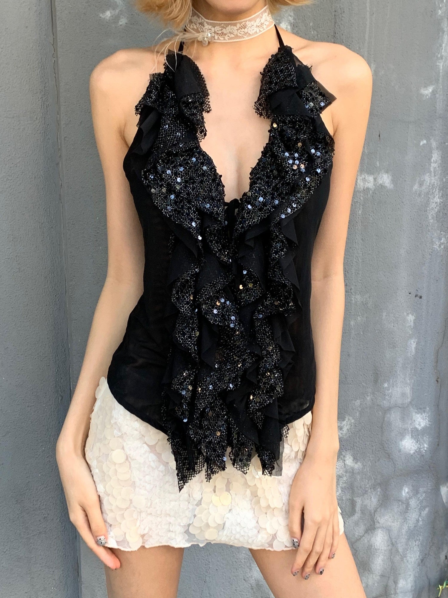 Chipchipshop Dark Sparkling Sequin Ruffle Slim Fit Women&