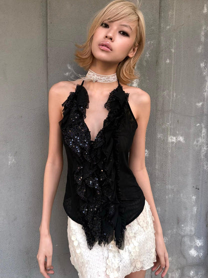 Chipchipshop Dark Sparkling Sequin Ruffle Slim Fit Women&