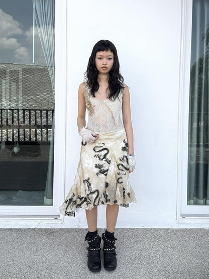 Chipchipshop Dragon Print Panel Hand Pleated Aline High Waist Women&