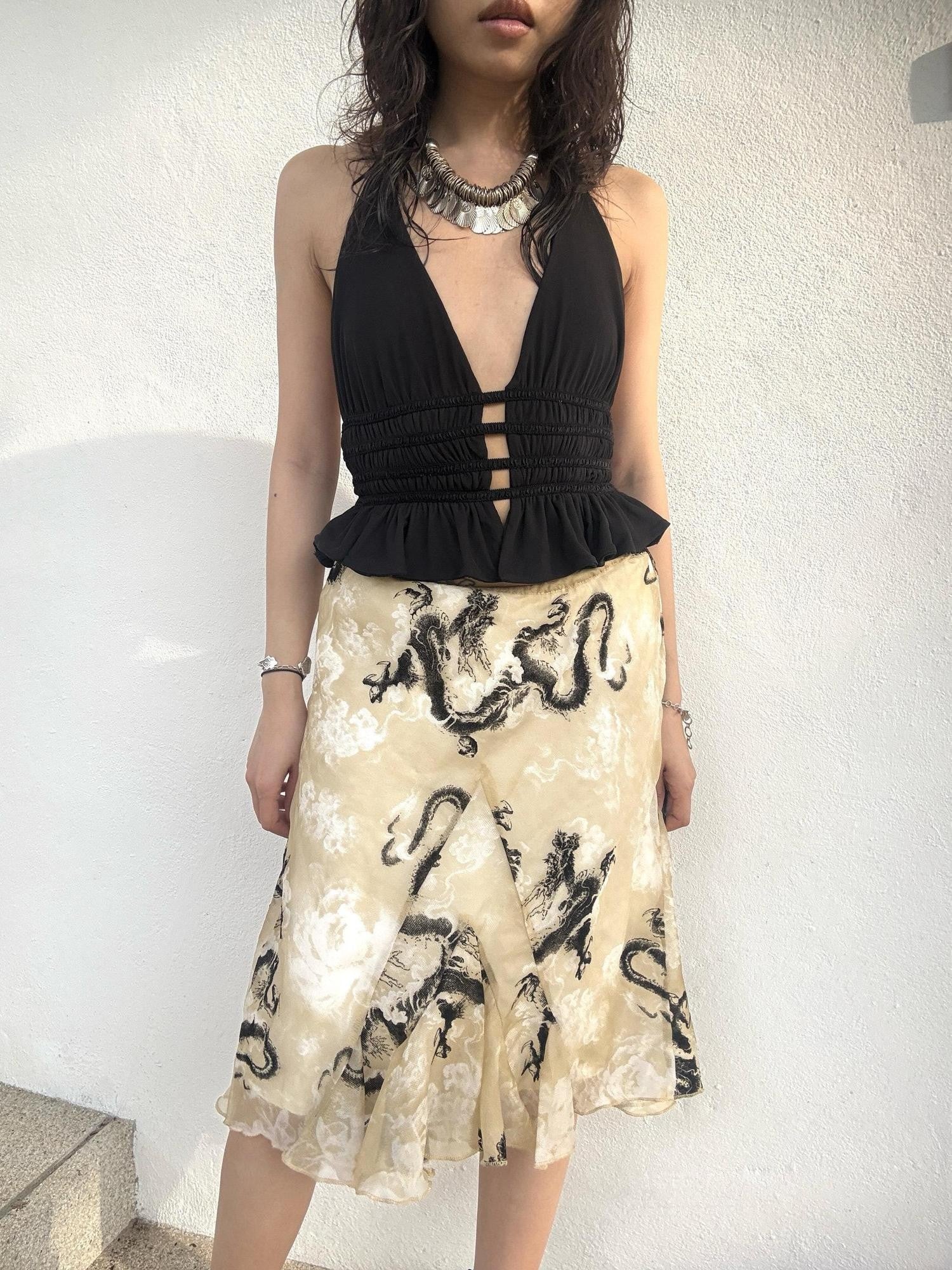 Chipchipshop Dragon Print Panel Hand Pleated Aline High Waist Women&