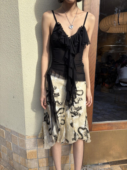 Chipchipshop Dragon Print Panel Hand Pleated Aline High Waist Women&