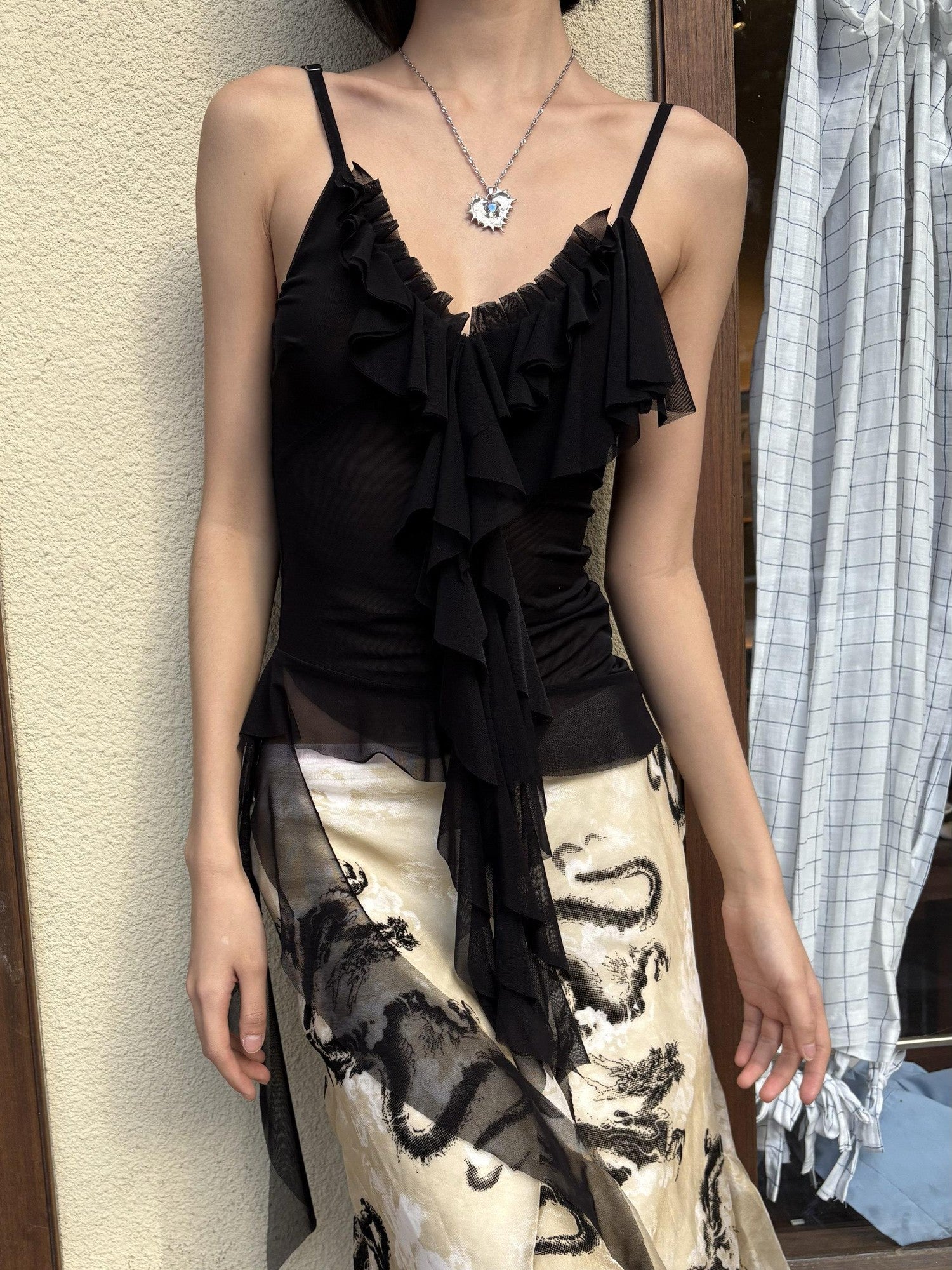Chipchipshop Dragon Print Panel Hand Pleated Aline High Waist Women&