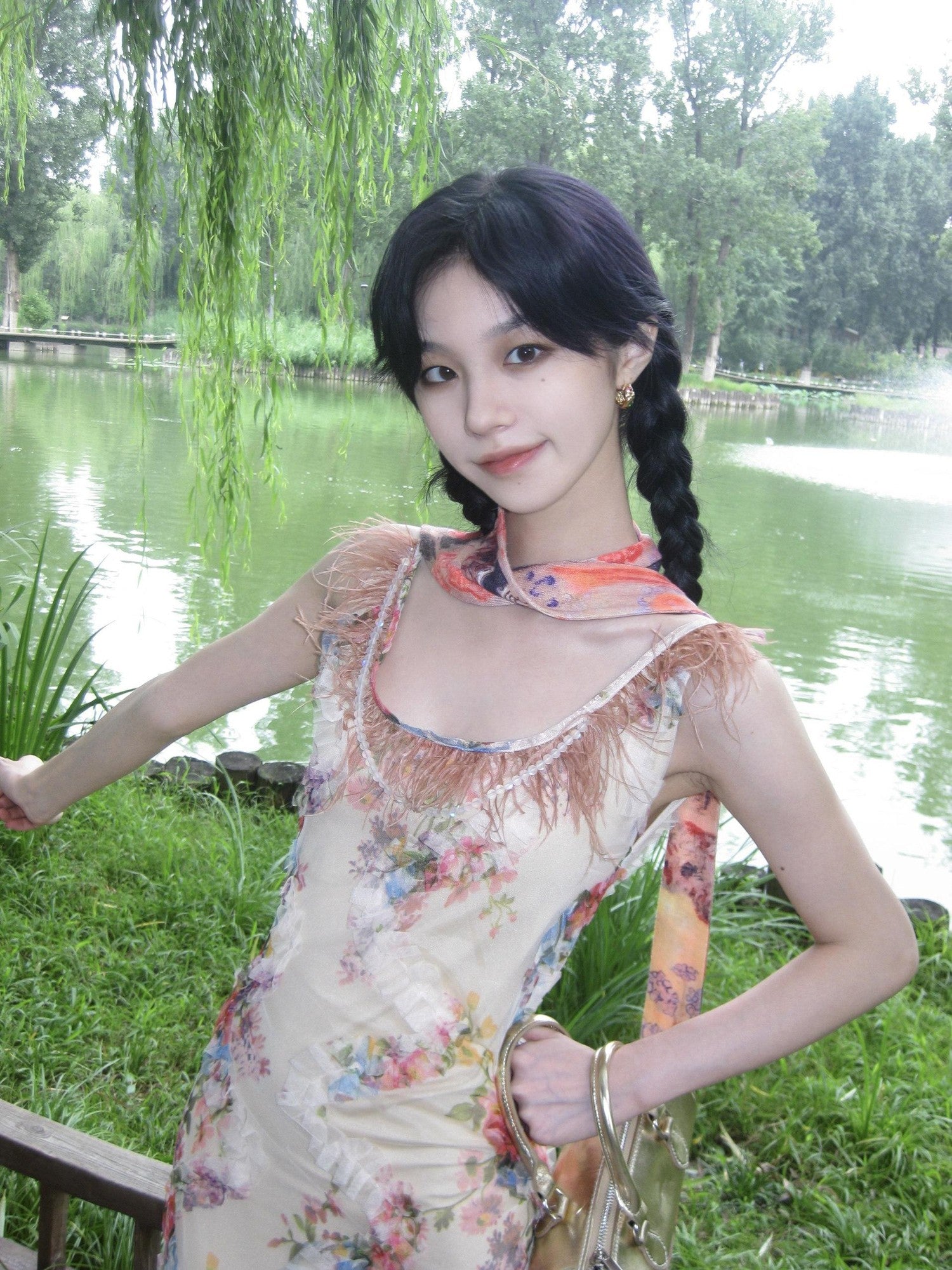 Chipchipshop Feather Patchwork Floral Print Beaded Chain Women&