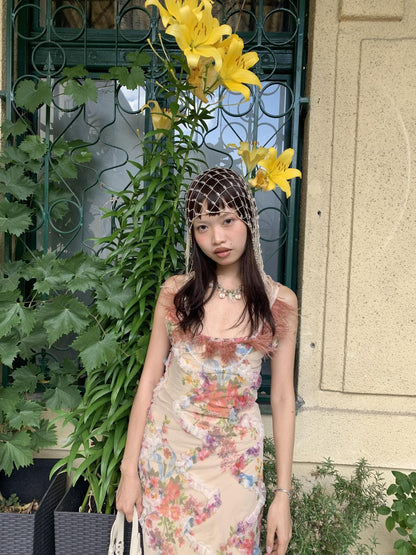 Chipchipshop Feather Patchwork Floral Print Beaded Chain Women&