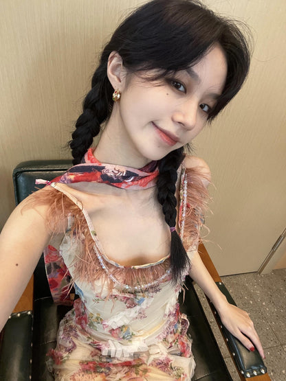 Chipchipshop Feather Patchwork Floral Print Beaded Chain Women&