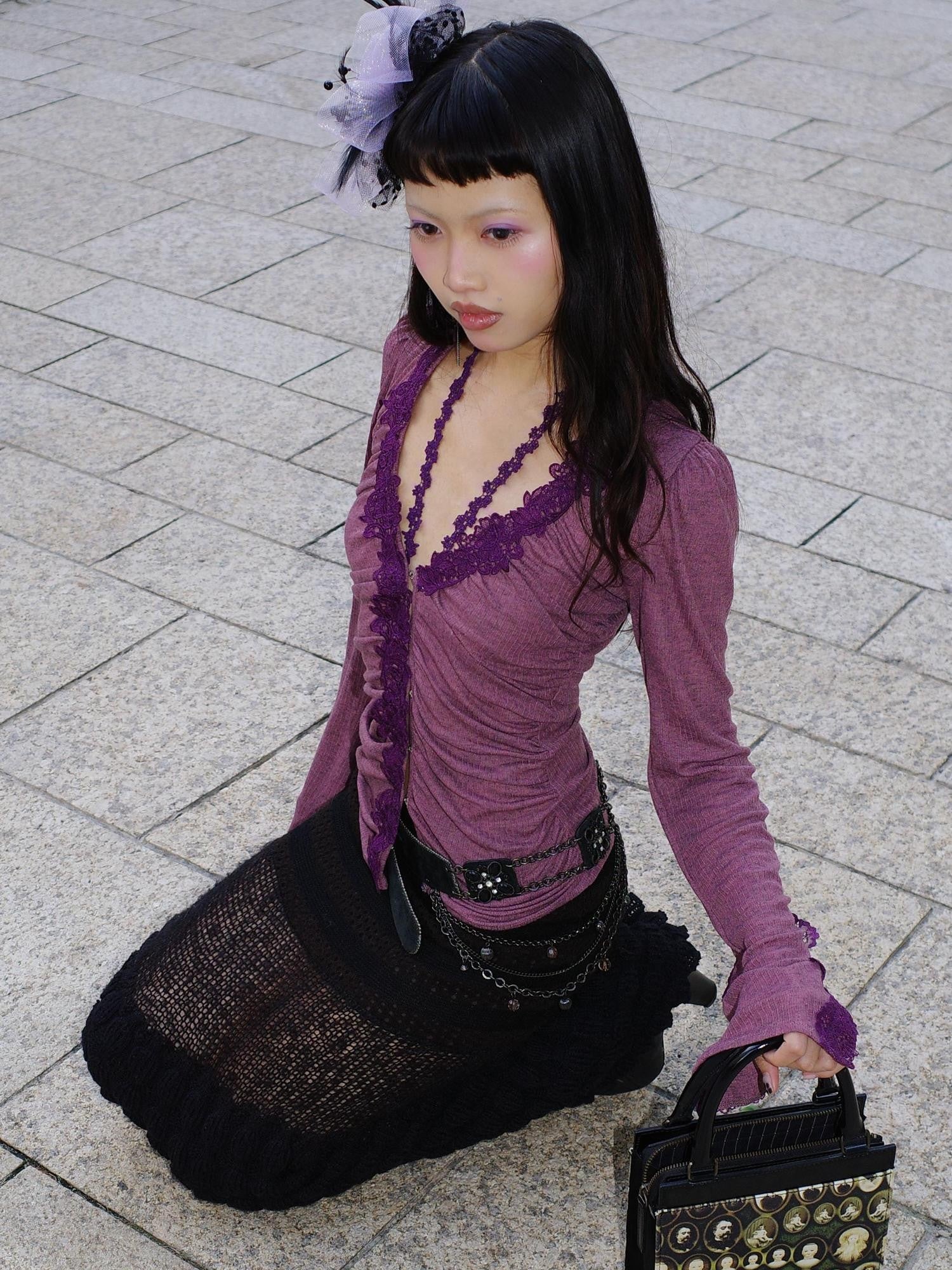 Chipchipshop Gray Purple V-neck Buttoned Slim Sheer Women&