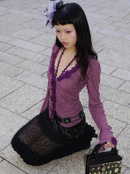 Chipchipshop Gray Purple V-neck Buttoned Slim Sheer Women&