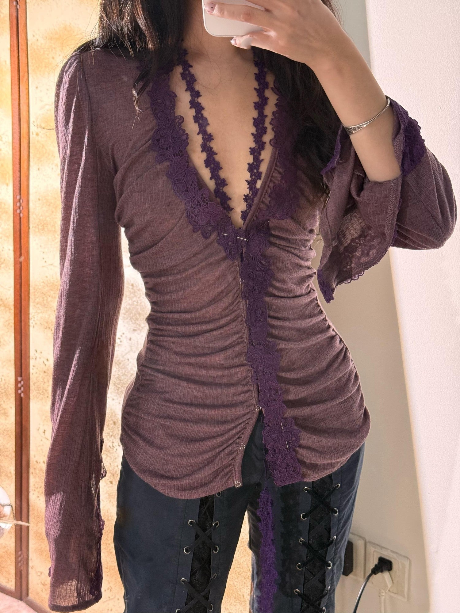 Chipchipshop Gray Purple V-neck Buttoned Slim Sheer Women&