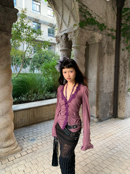Chipchipshop Gray Purple V-neck Buttoned Slim Sheer Women&
