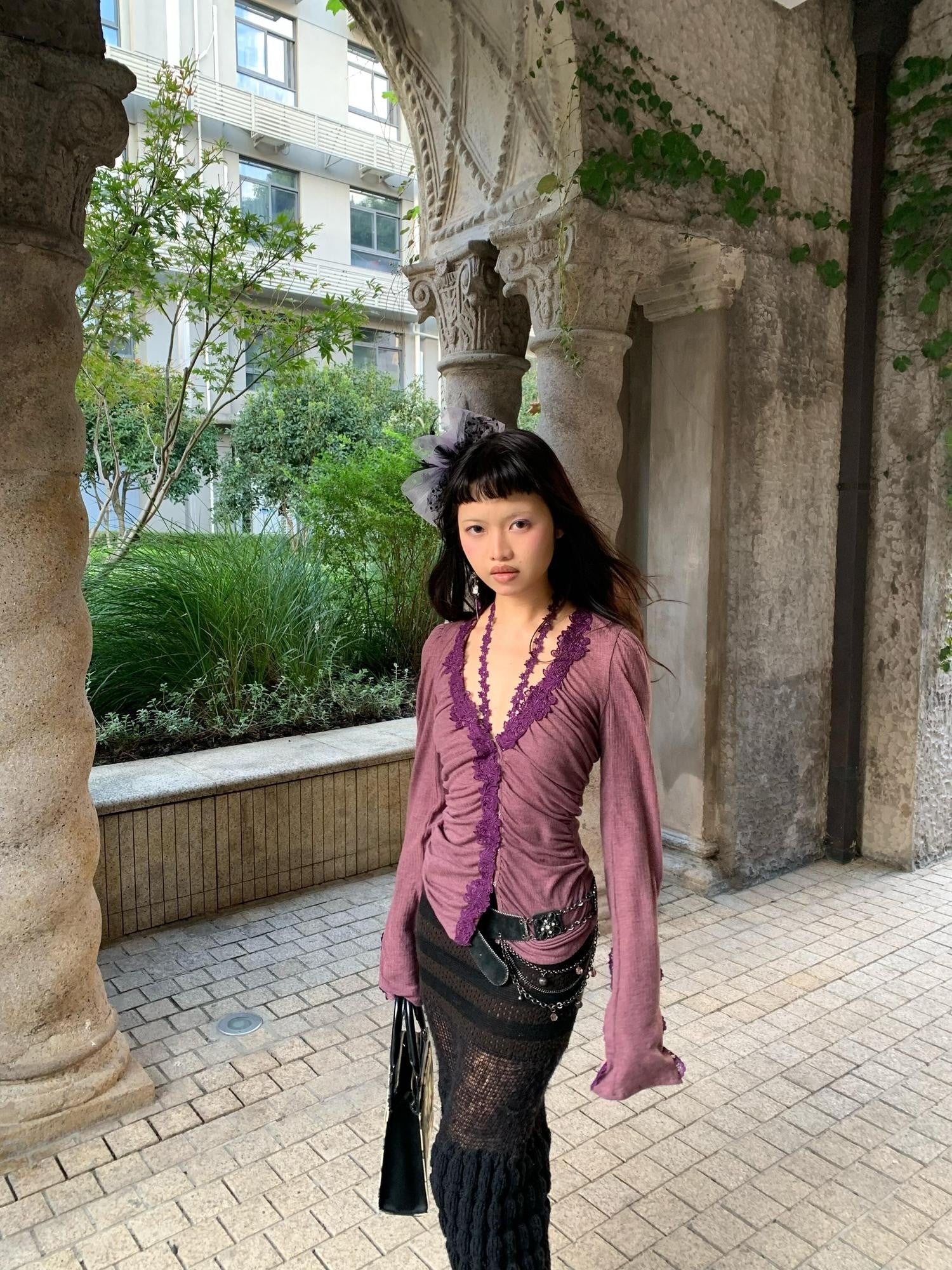 Chipchipshop Gray Purple V-neck Buttoned Slim Sheer Women&