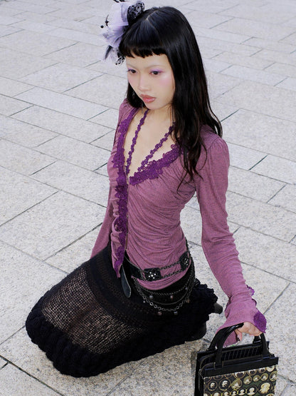 Chipchipshop Gray Purple V-neck Buttoned Slim Sheer Women&