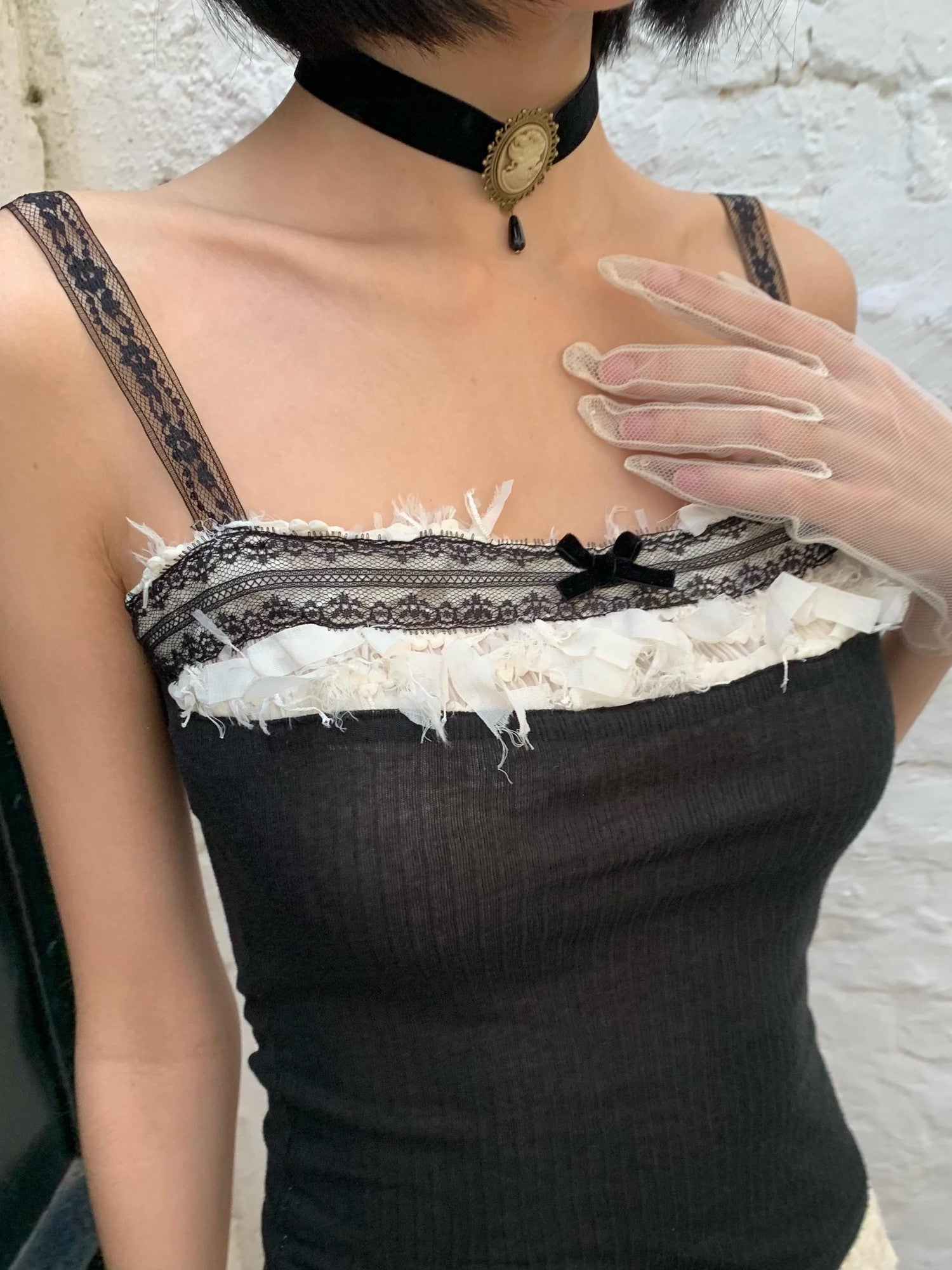Chipchipshop Lace Splice Stretch Knit Adjustable Straps Women&