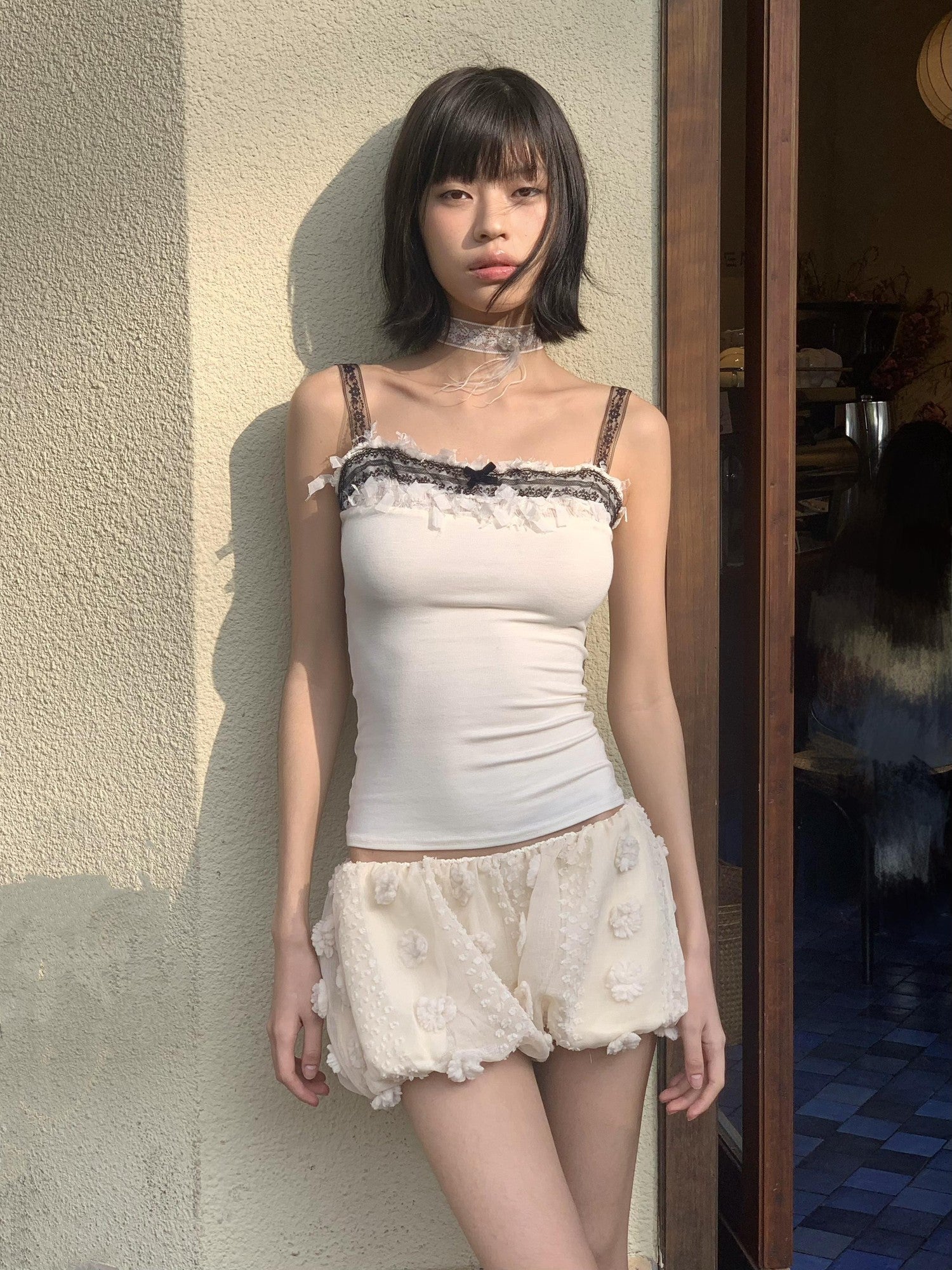 Chipchipshop Lace Splice Stretch Knit Adjustable Straps Women&