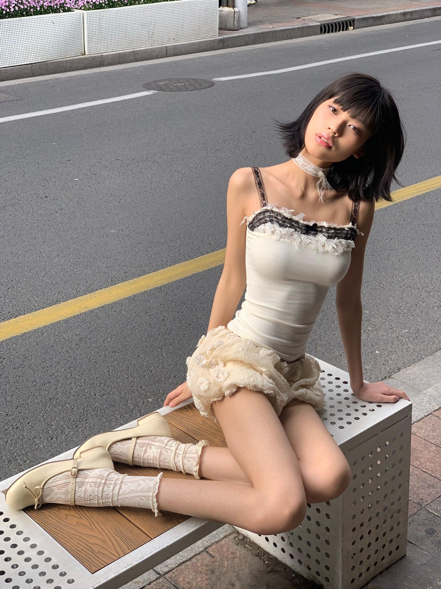 Chipchipshop Lace Splice Stretch Knit Adjustable Straps Women&