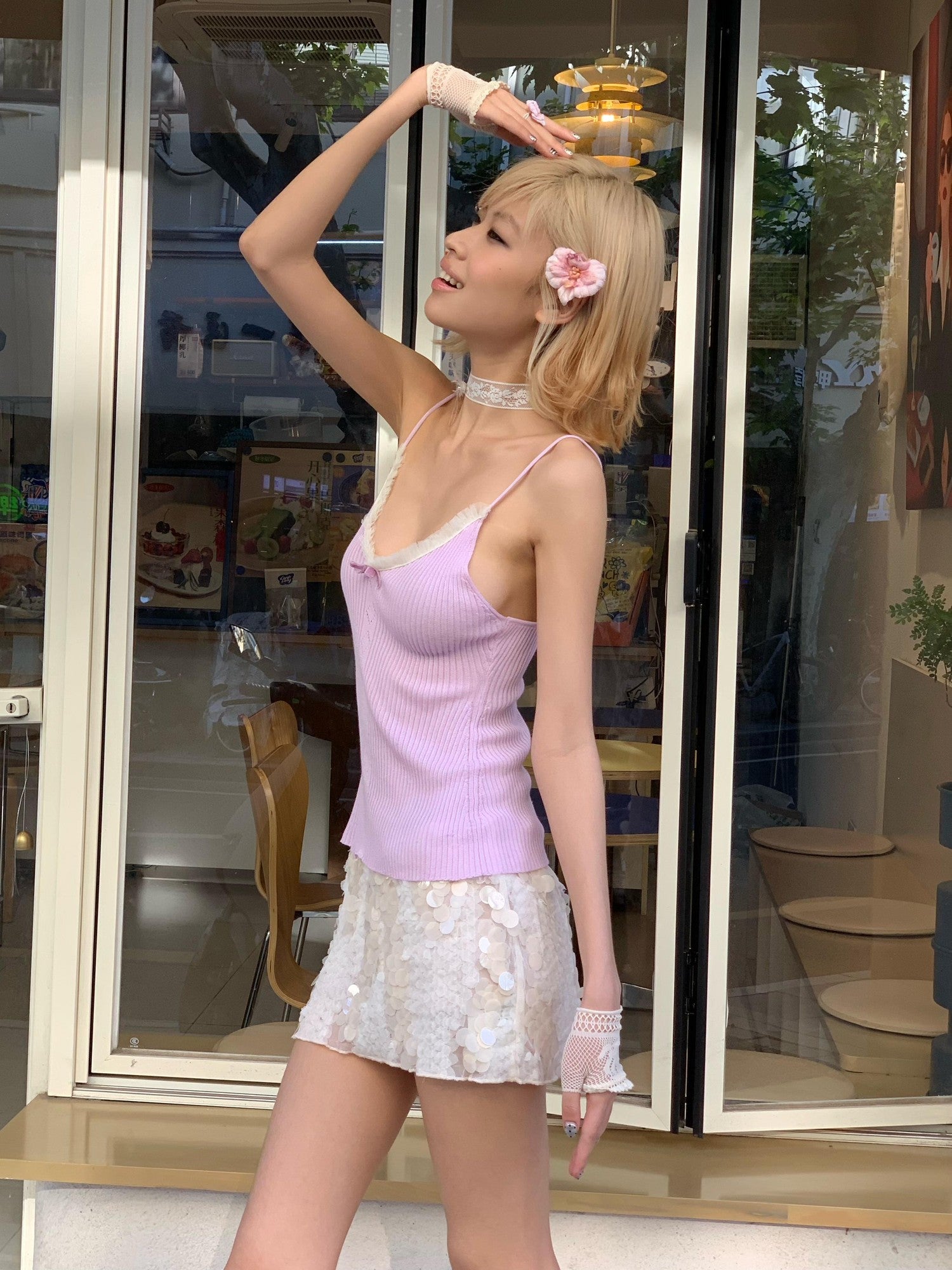 Chipchipshop Lavender Lace Velvet Bow Stretch Women&