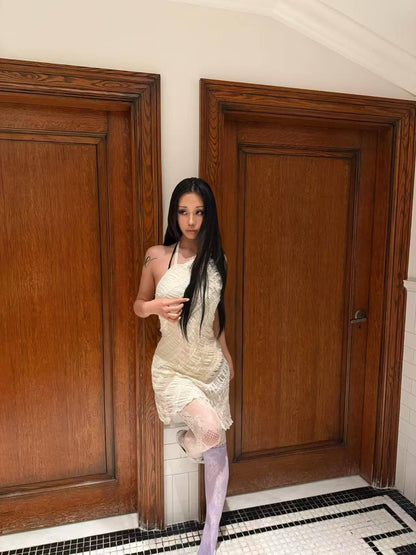 Chipchipshop Light Beige Spliced Pleated Backless Slim Women&