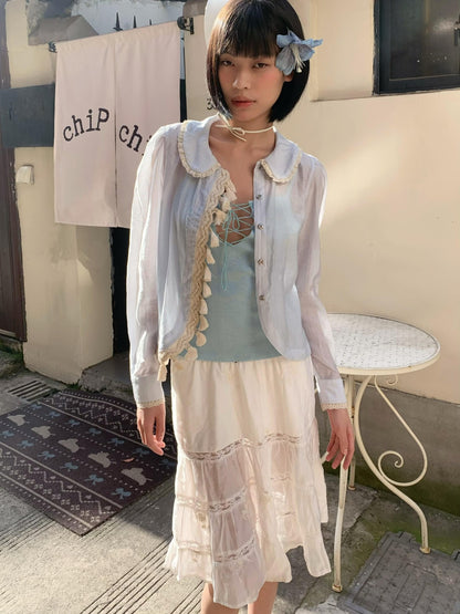 Chipchipshop Light Blue Peter Pan Collar Lace Tassel Asymmetric Women&