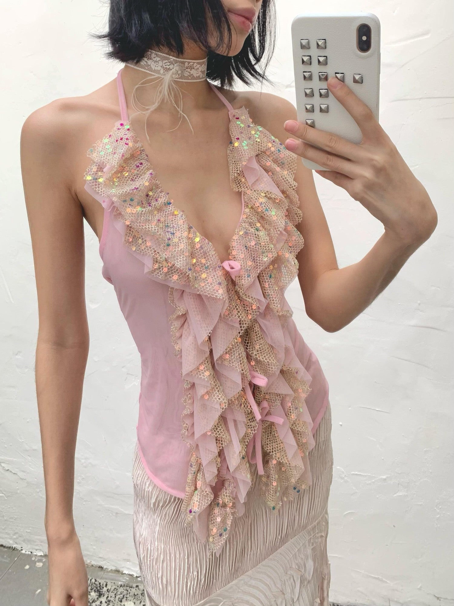 Chipchipshop Light Pink Sparkling Sequin Ruffle Women&