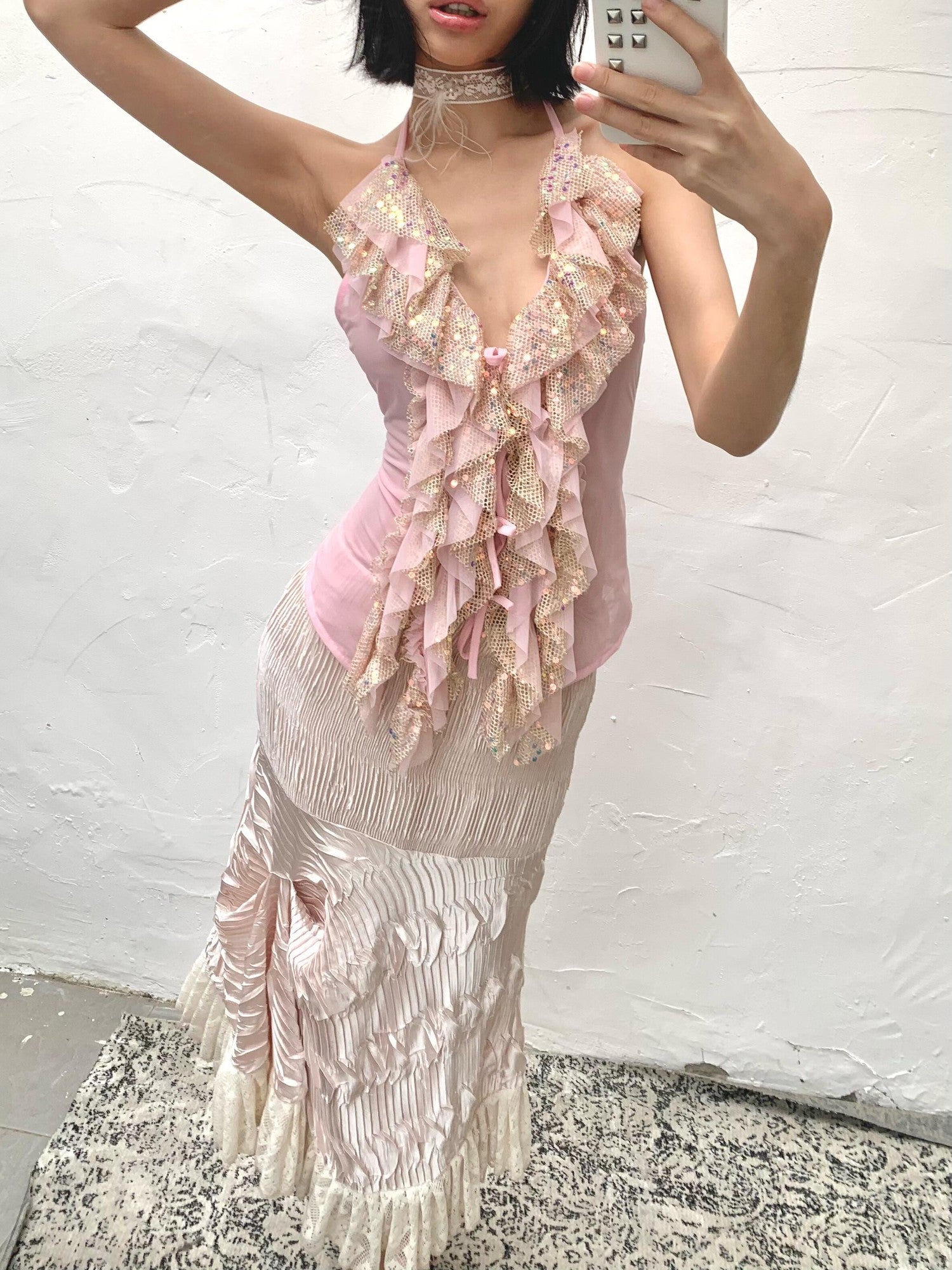 Chipchipshop Light Pink Sparkling Sequin Ruffle Women&