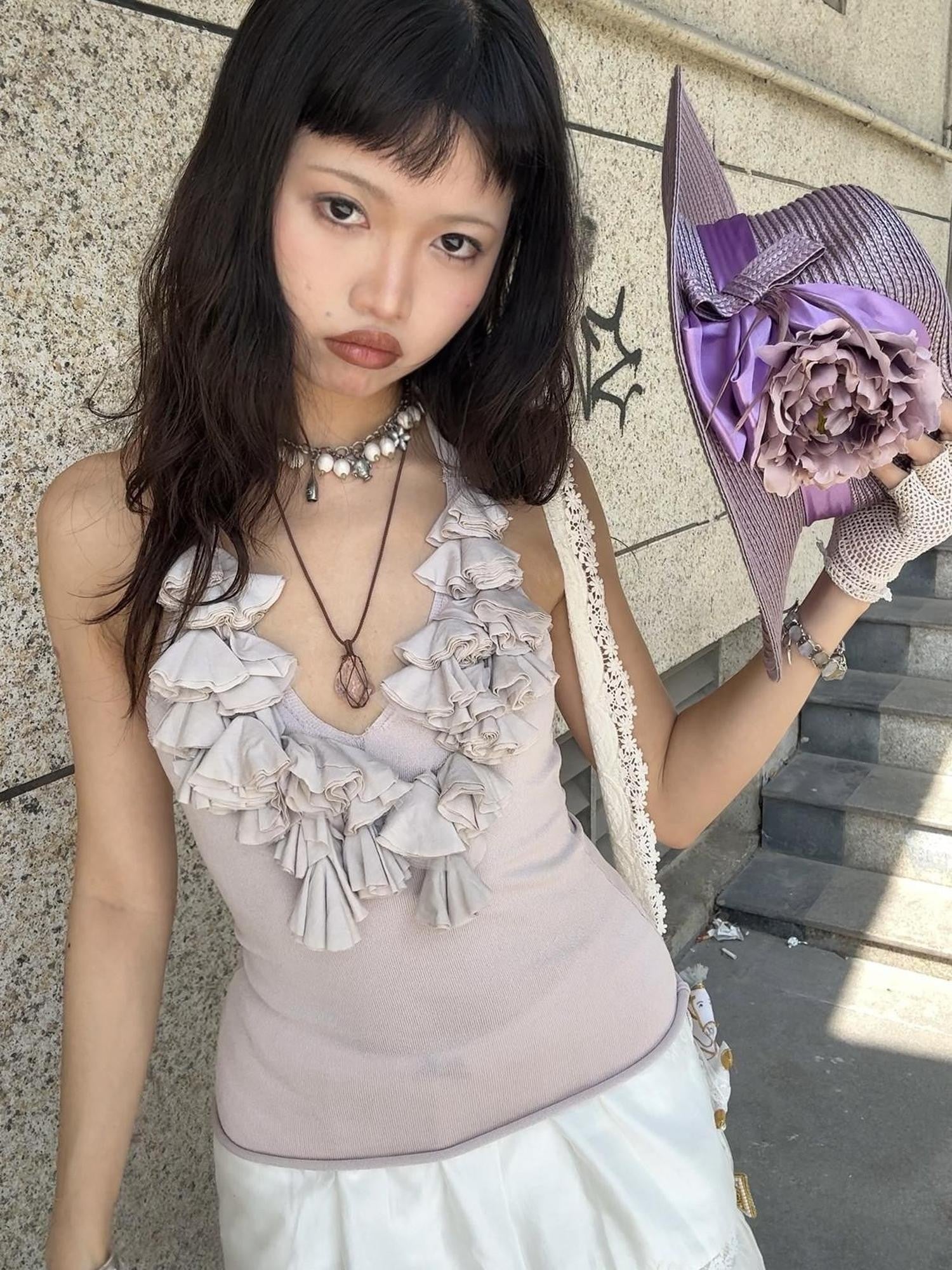 Chipchipshop Light Purple Ruffle Lace Pleated Women&