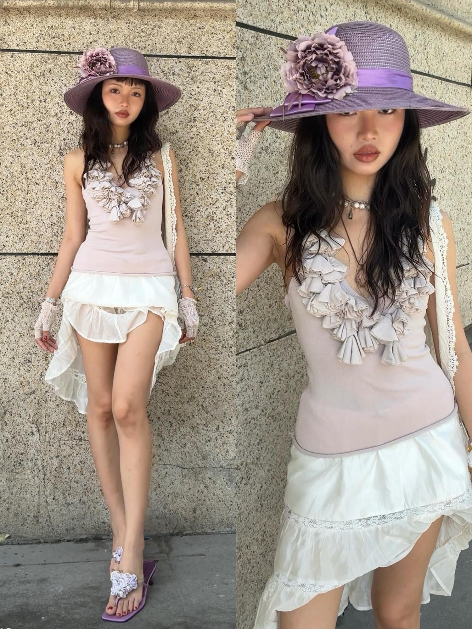 Chipchipshop Light Purple Ruffle Lace Pleated Women&