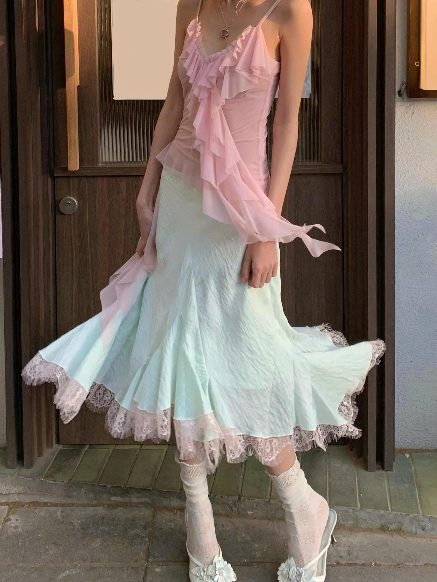 Chipchipshop Mint Green Pale Pink Lace Ruffle Flared Women&