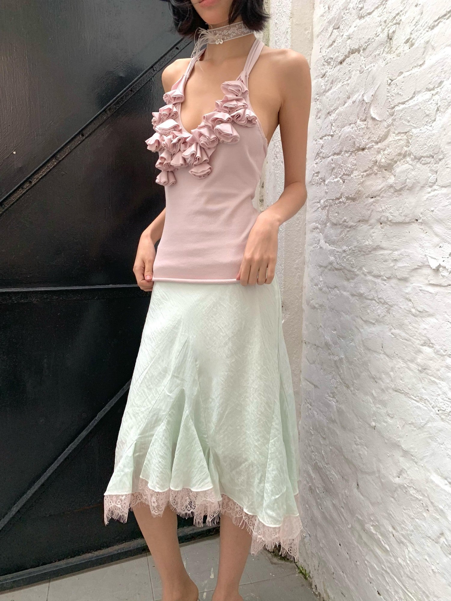 Chipchipshop Mint Green Pale Pink Lace Ruffle Flared Women&