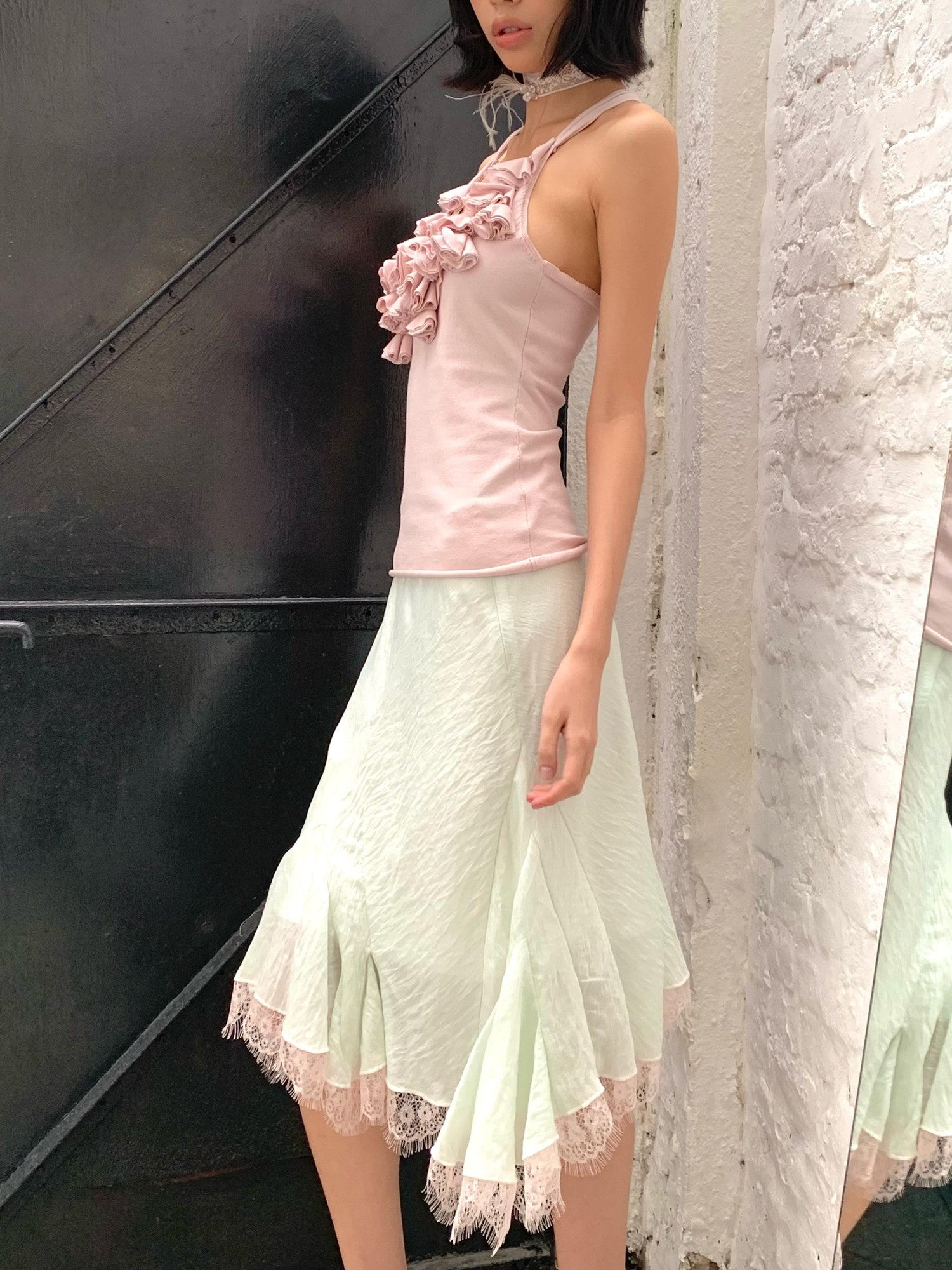 Chipchipshop Mint Green Pale Pink Lace Ruffle Flared Women&