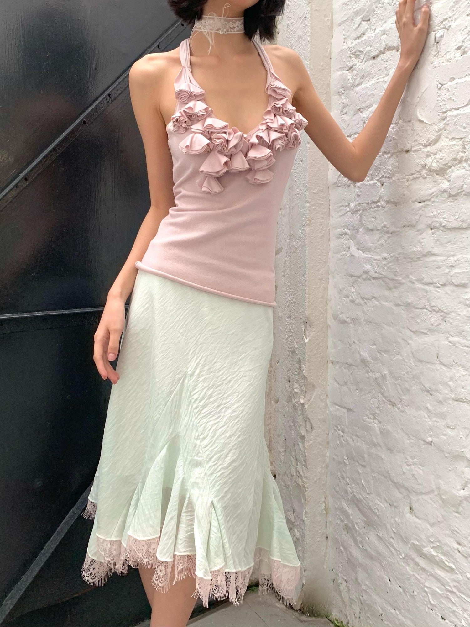 Chipchipshop Mint Green Pale Pink Lace Ruffle Flared Women&