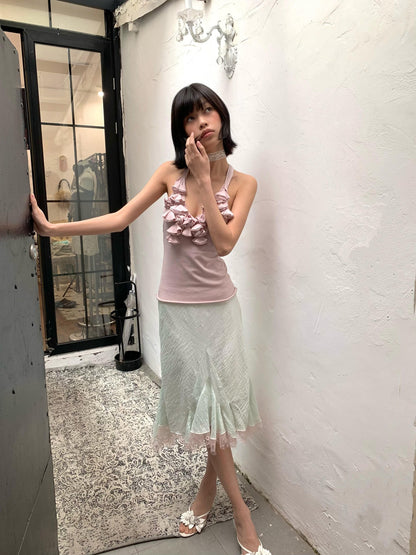 Chipchipshop Mint Green Pale Pink Lace Ruffle Flared Women&