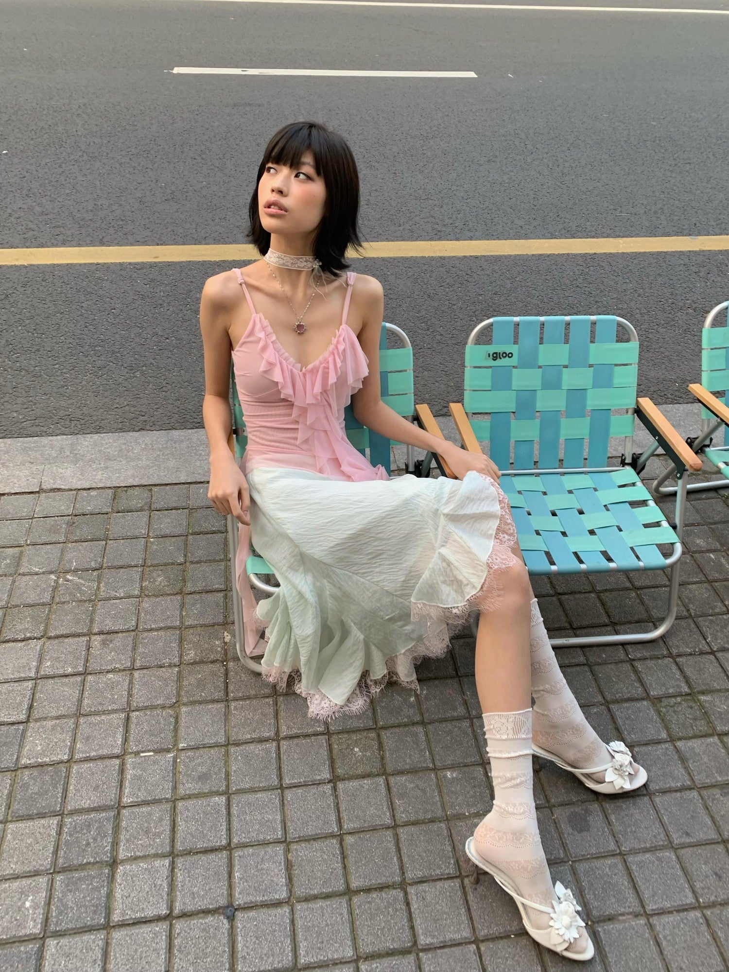 Chipchipshop Mint Green Pale Pink Lace Ruffle Flared Women&