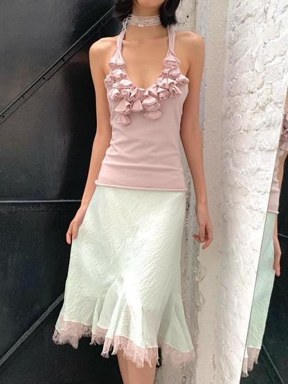 Chipchipshop Mint Green Pale Pink Lace Ruffle Flared Women&