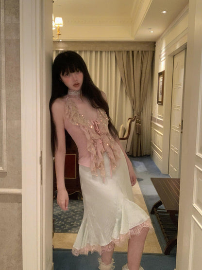 Chipchipshop Mint Green Pale Pink Lace Ruffle Flared Women&